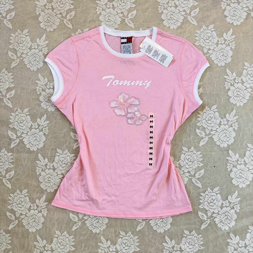 Vintage Y2K Tommy Jeans Pink Floral Baby Tee Size M NWT